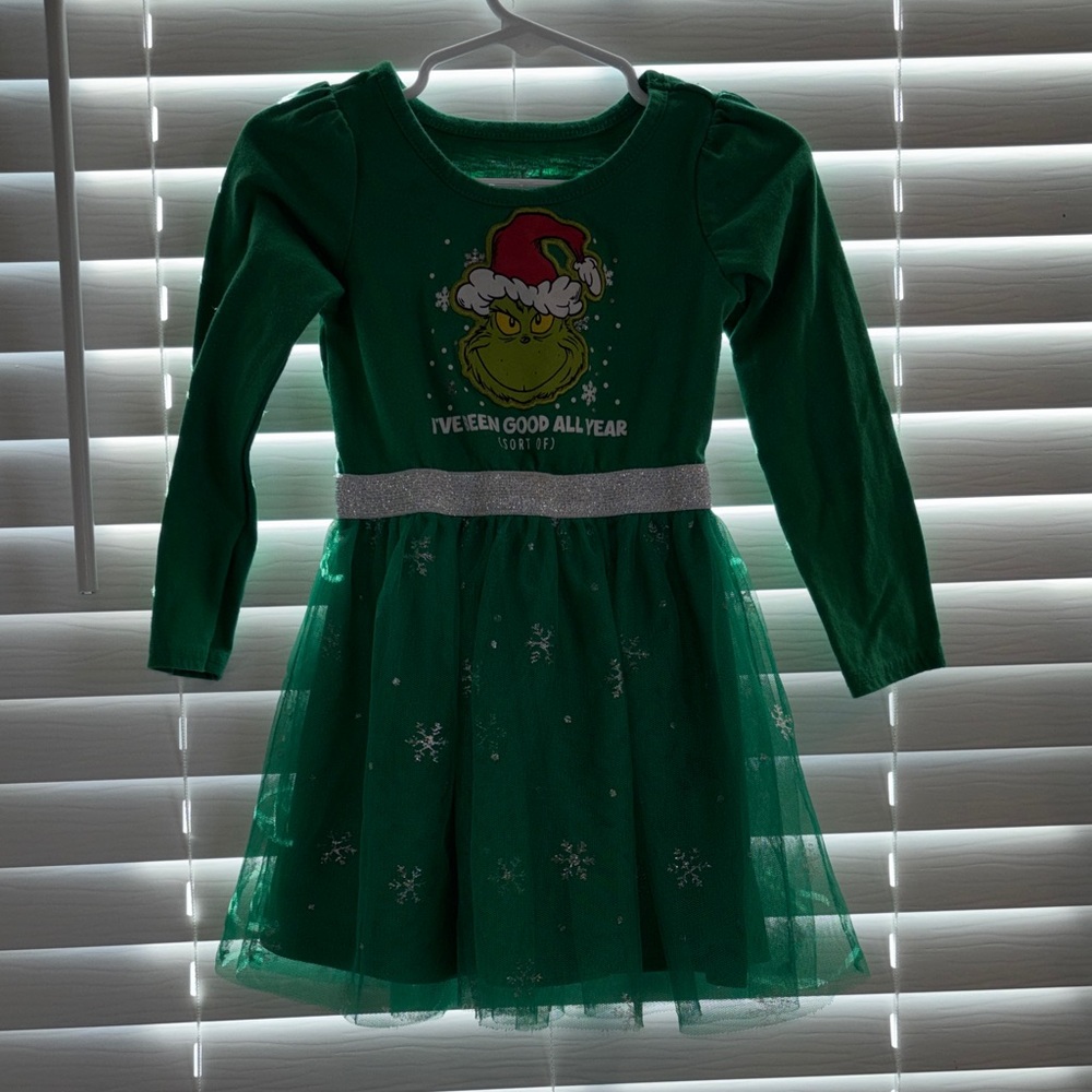 Festive Green Grinch Kids Costume Dress with Silver Accents
